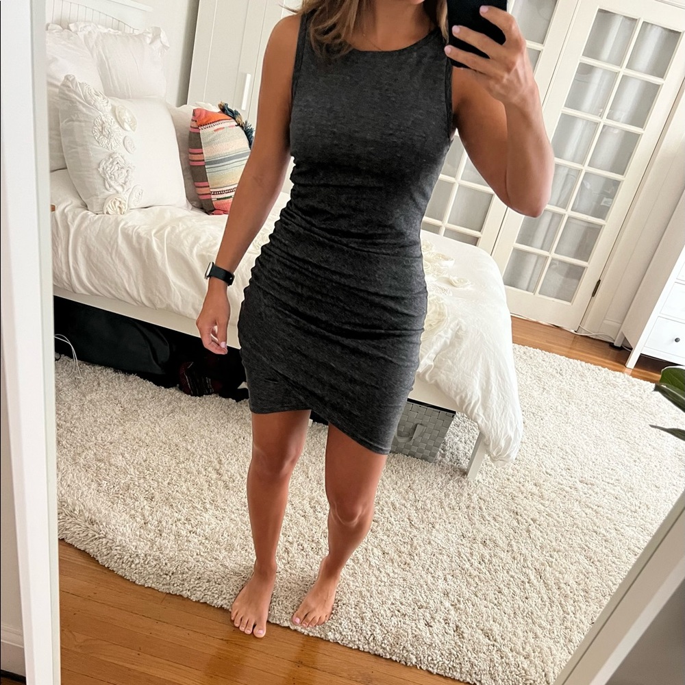 Leith grey body on stretchy dress with ruching, flattering and comfy soft